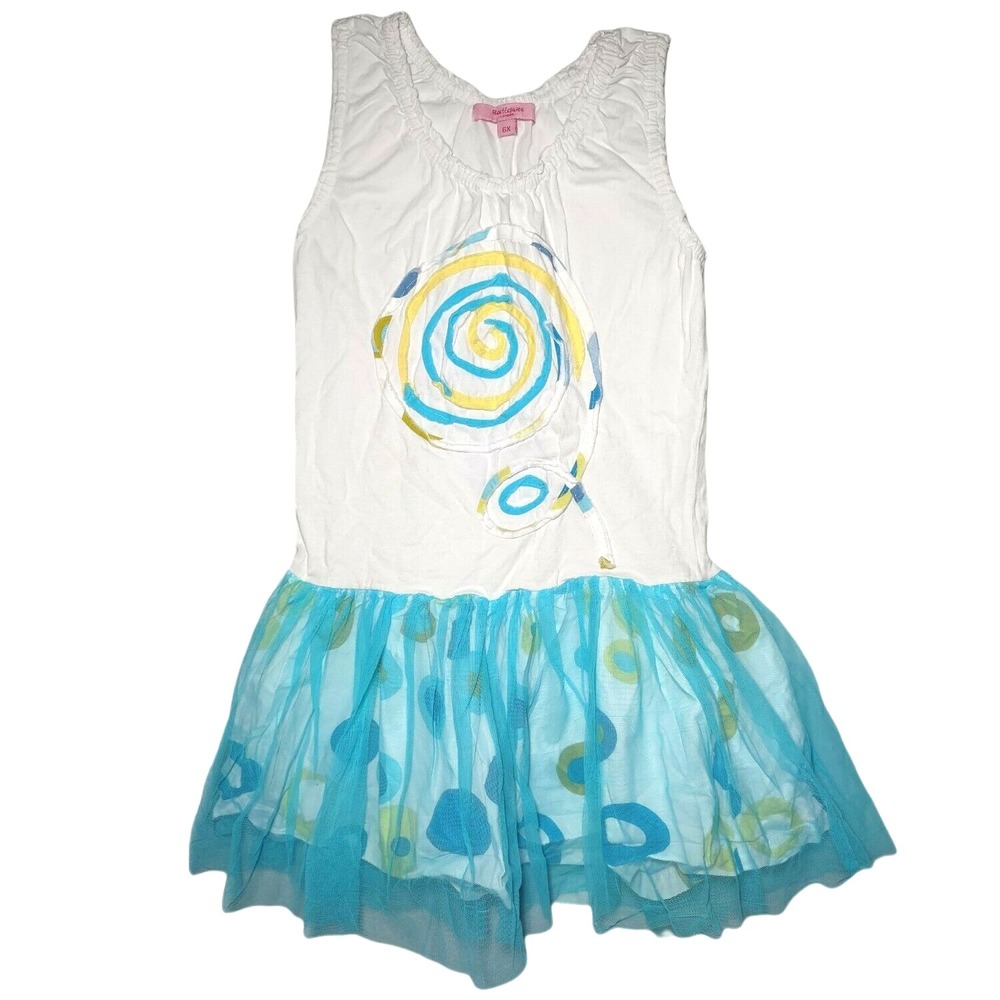 BeetleJuice London Girls 6X Flower‎ Blue Tutu Polka Dot Sleeveless Dress White